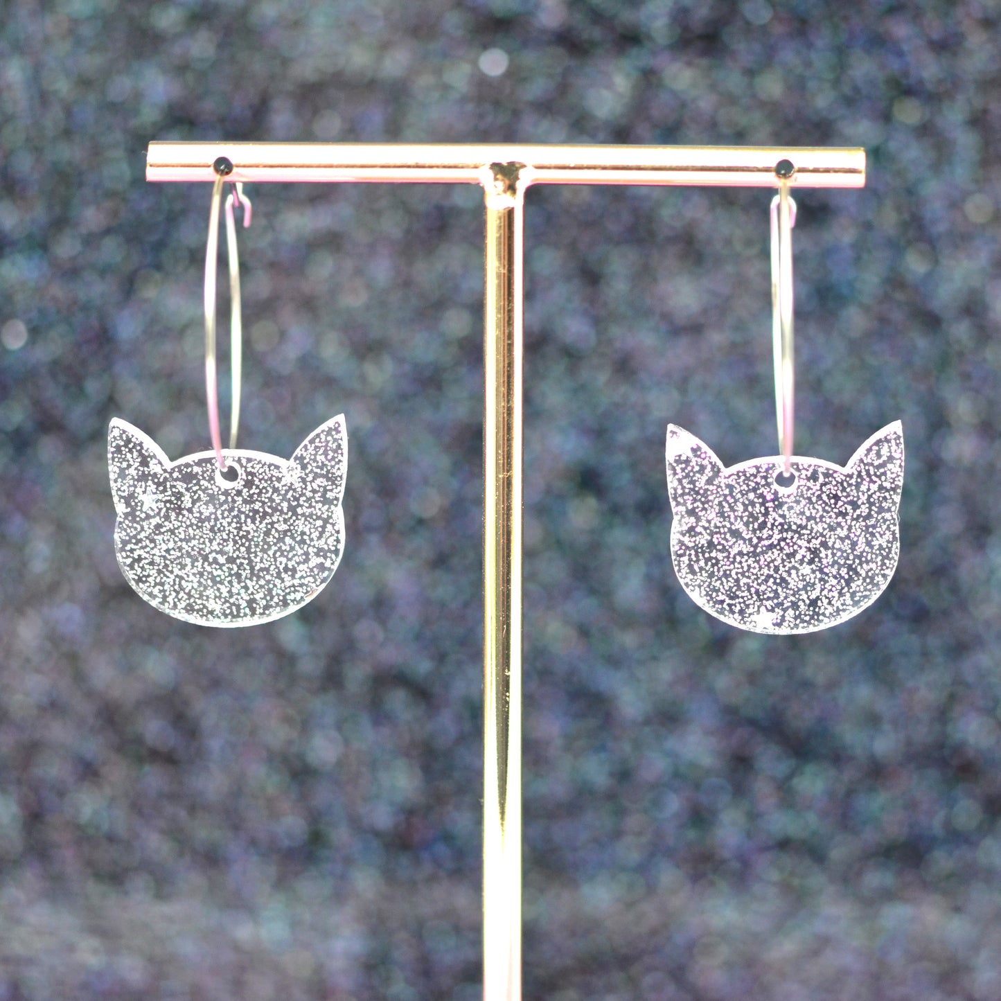 Black Glitter Acrylic Kitty Cat Dangle Hoop Earrings