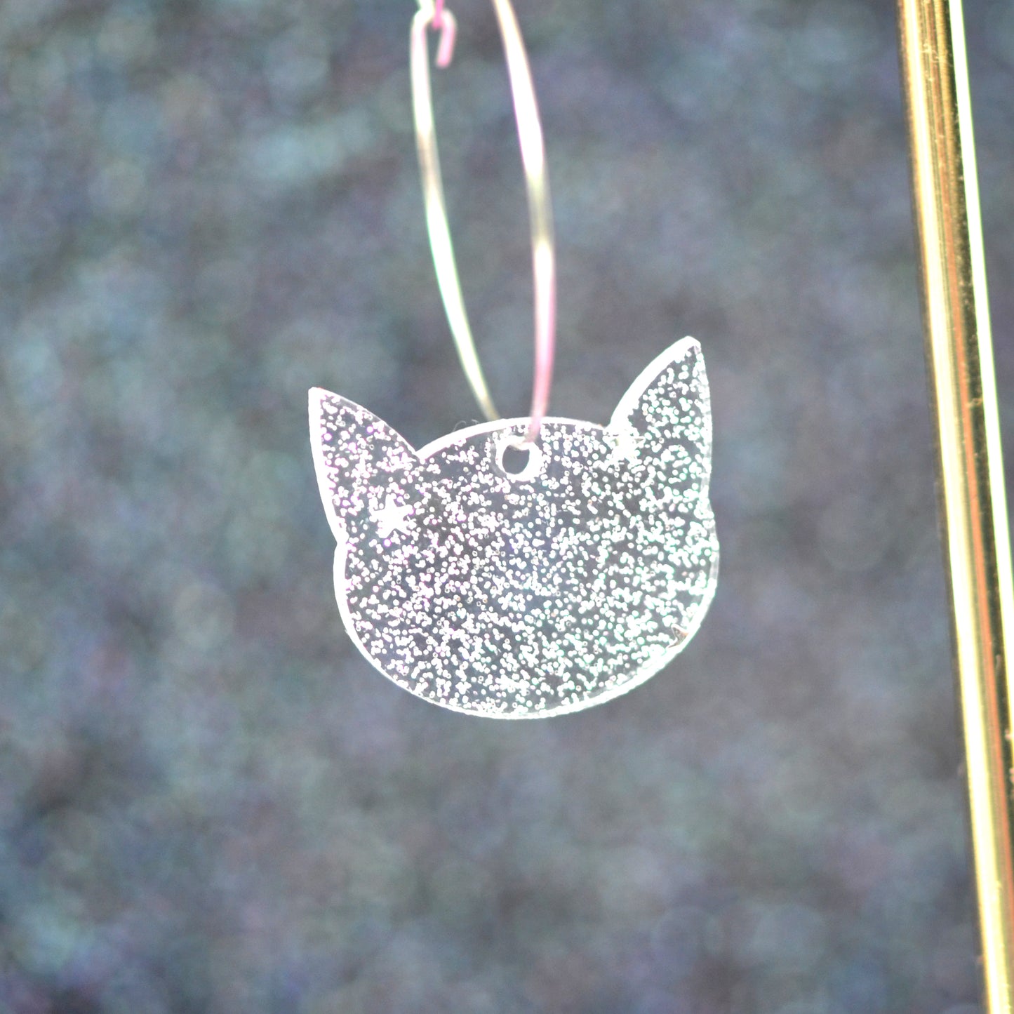 Black Glitter Acrylic Kitty Cat Dangle Hoop Earrings