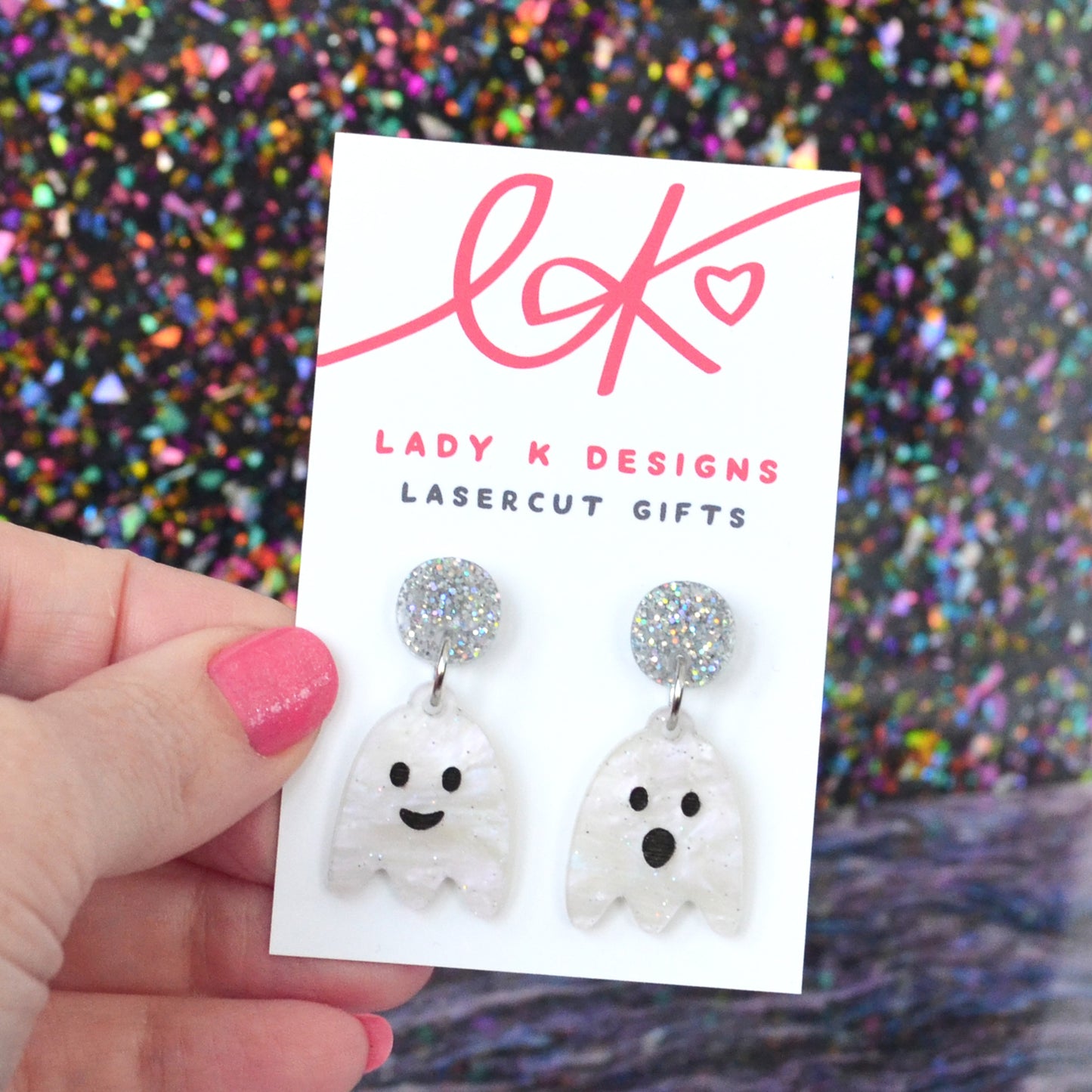 White Marble Glitter Acrylic Cute Ghost Dangle Earrings