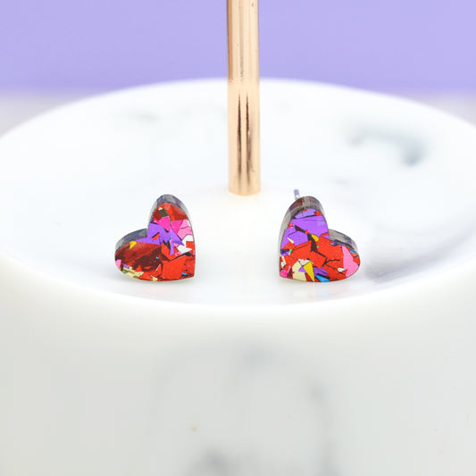 Mini Red Rainbow Festival Confetti Acrylic Heart Stud Earrings