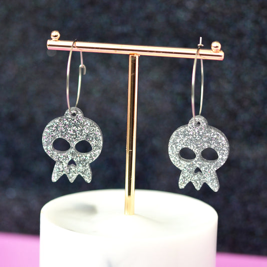 Glitter Acrylic Statement Skull Dangle Hoop Earrings