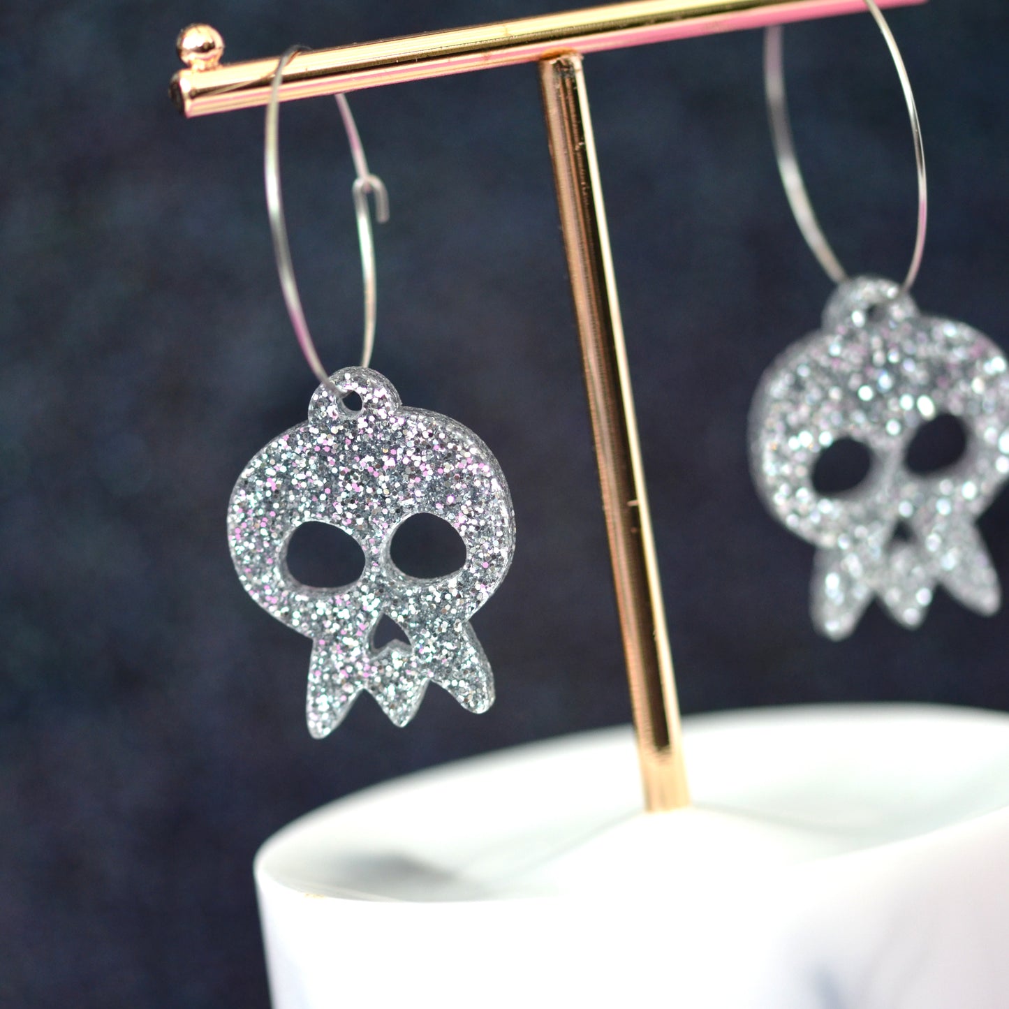 Glitter Acrylic Statement Skull Dangle Hoop Earrings