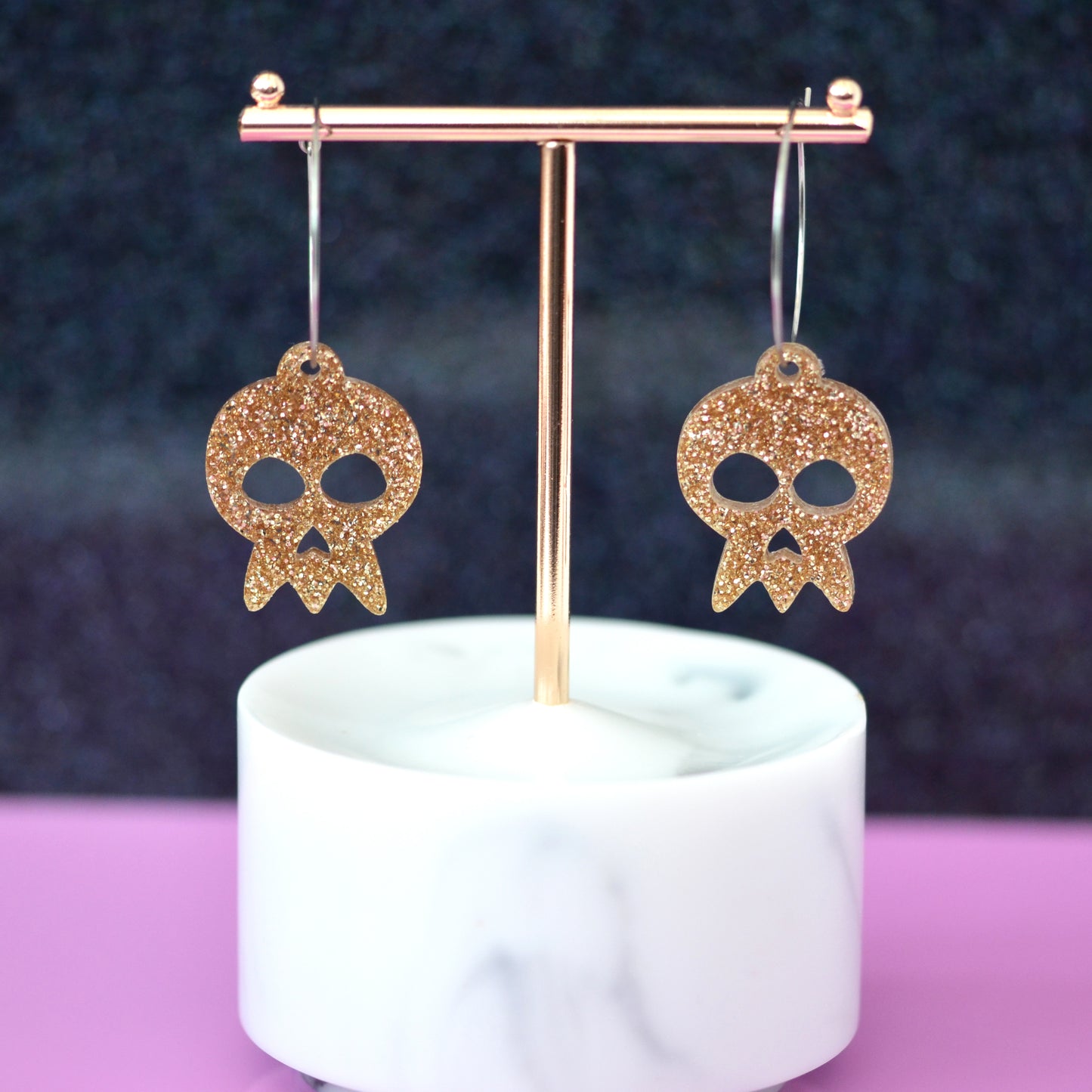 Glitter Acrylic Statement Skull Dangle Hoop Earrings