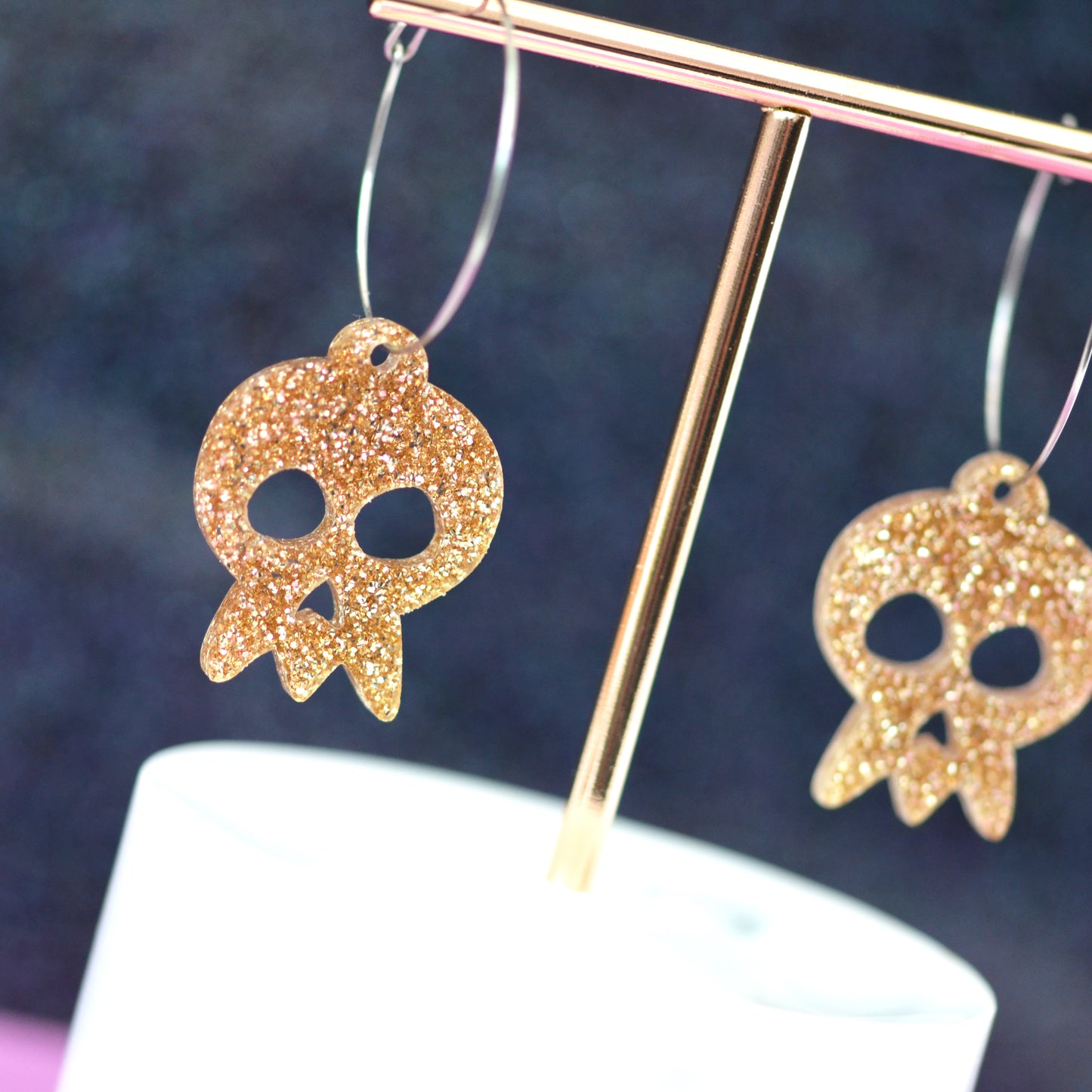 Glitter Acrylic Statement Skull Dangle Hoop Earrings