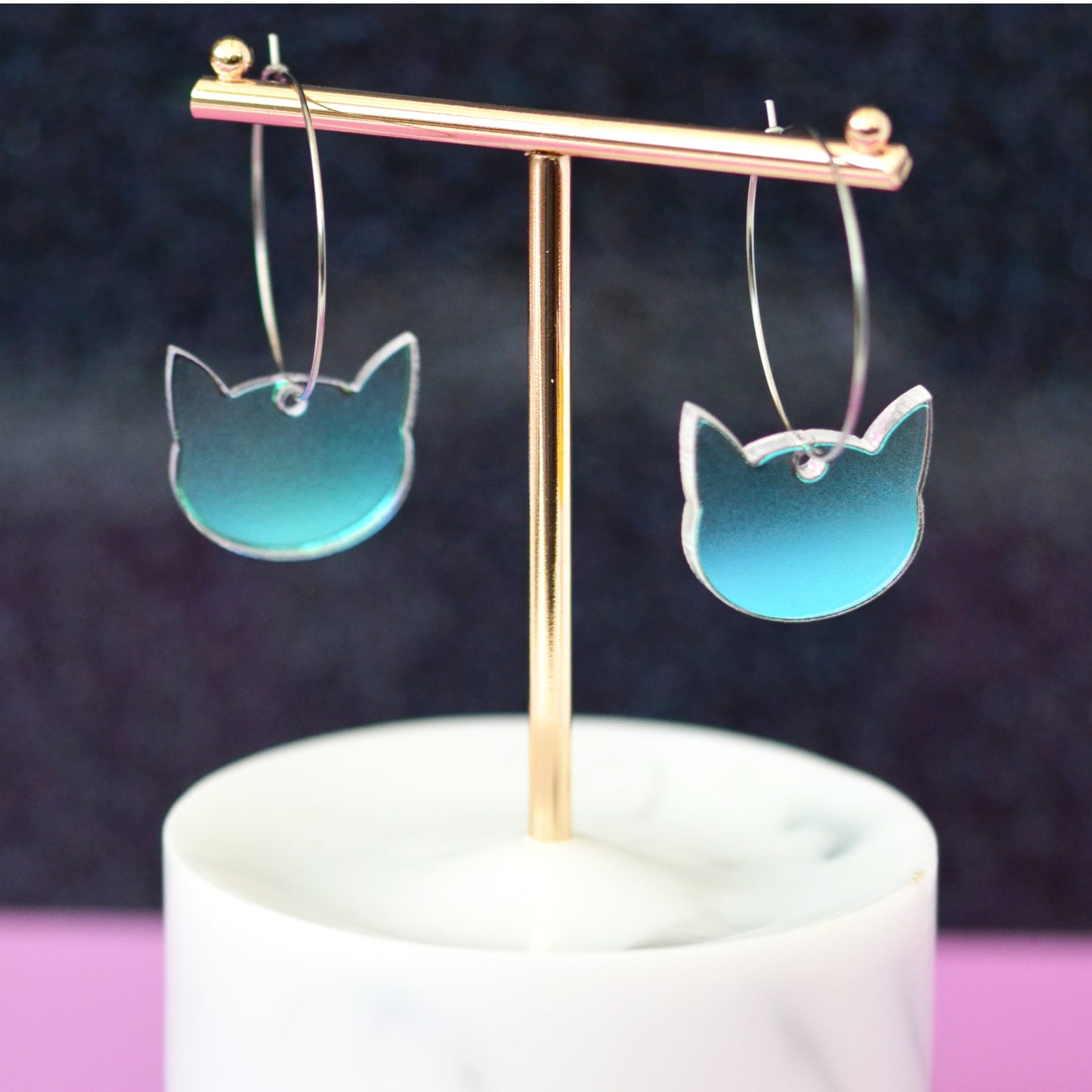 Black Glitter Acrylic Kitty Cat Dangle Hoop Earrings