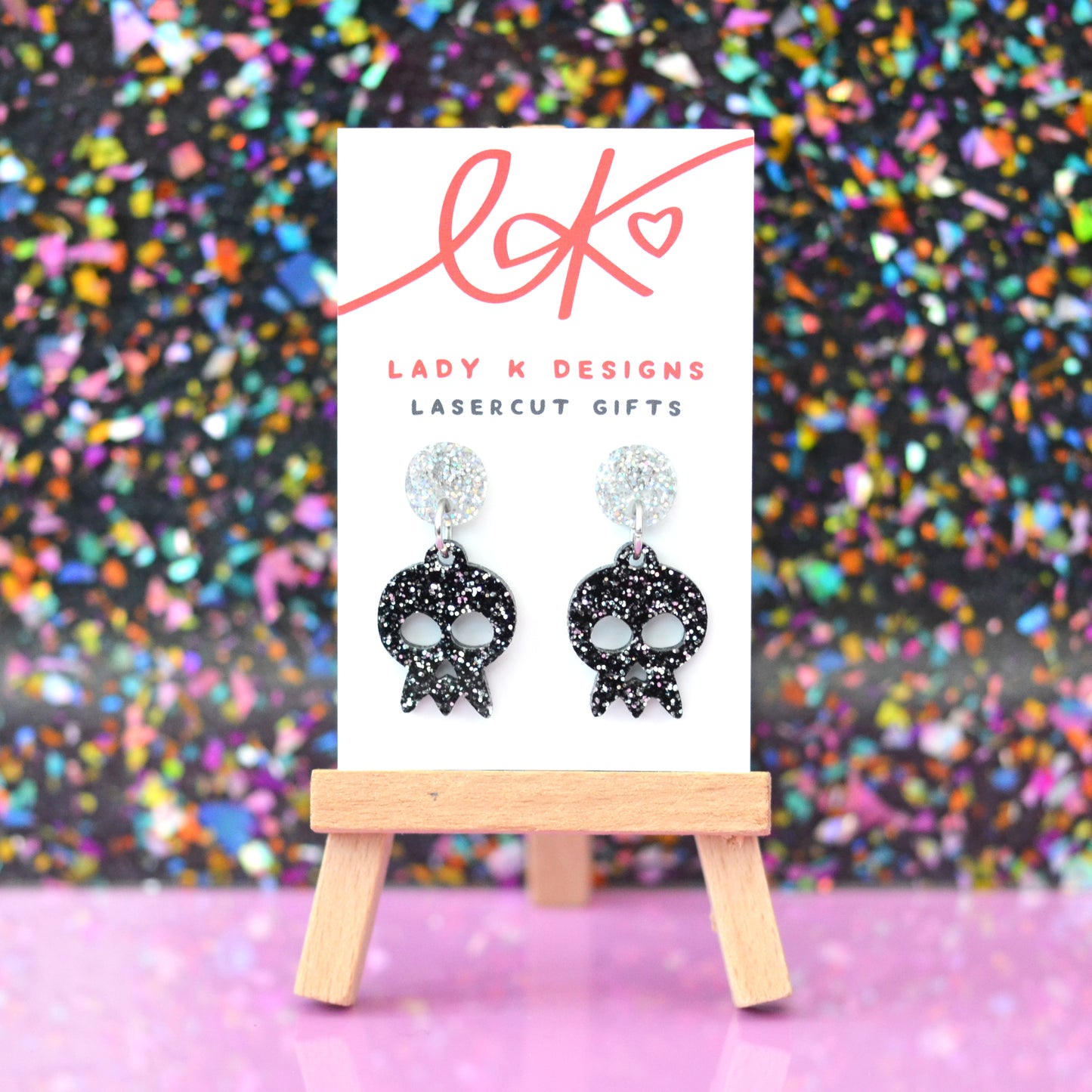 Black & Silver Hologram Glitter Acrylic Skull Dangle Earrings