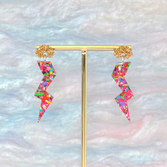 Pink Festival Confetti & Gold Glitter Acrylic Stormy Cloud Lightning Bolt Dangle Earrings