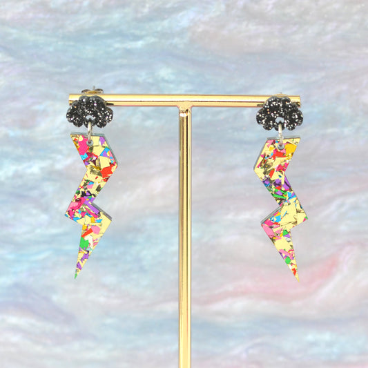 Gold Festival Confetti & Black Glitter Acrylic Stormy Cloud Lightning Bolt Dangle Earrings