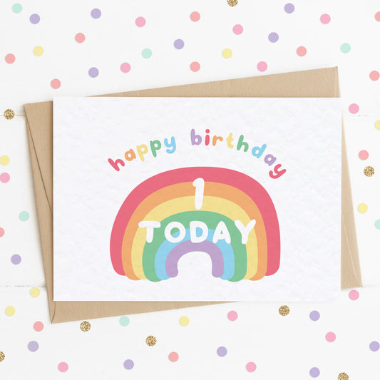 A cute milestone age birthday card with a smiling happy rainbow on it and the message "HAPPY BIRTHDAY - 1 TODAY".