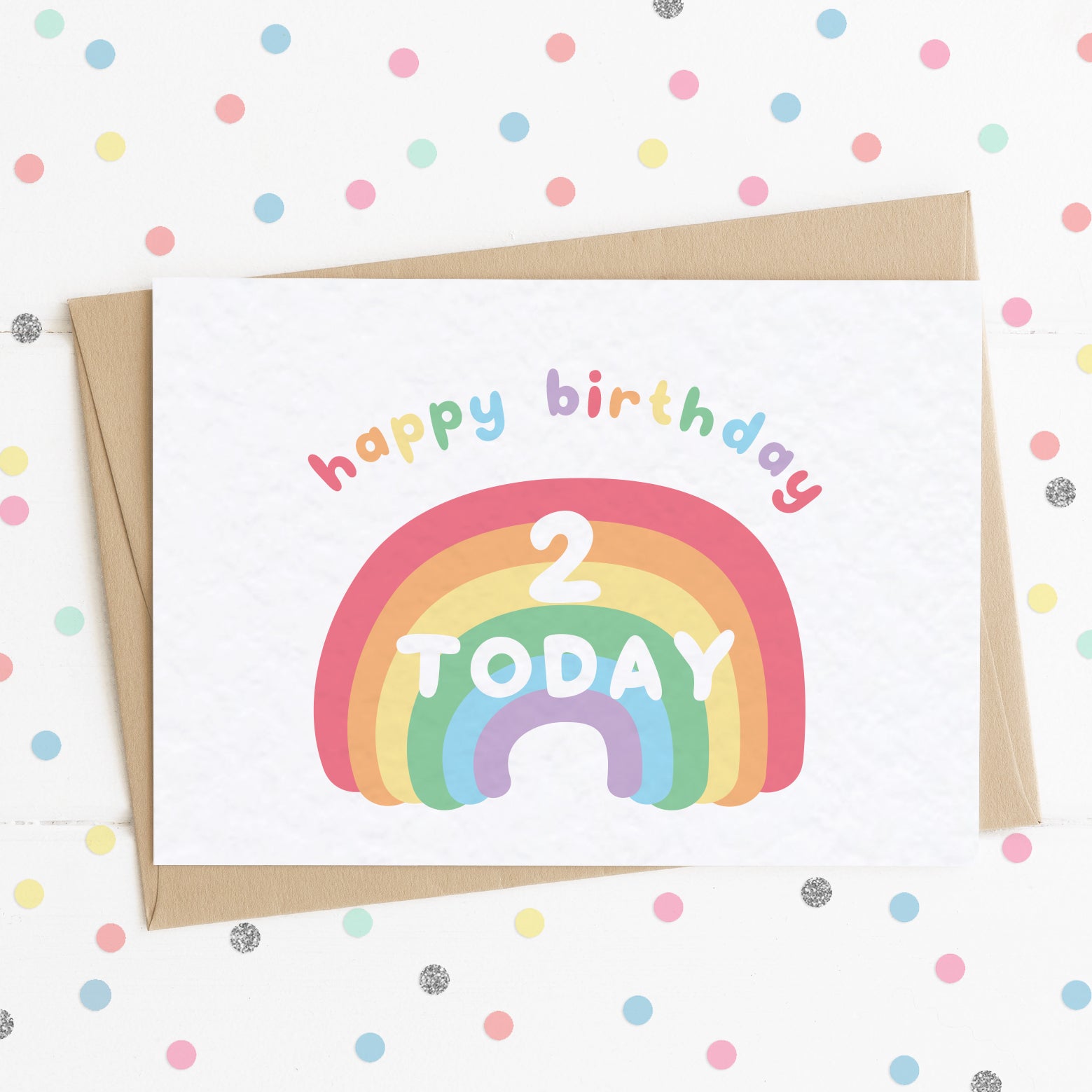 A cute milestone age birthday card with a smiling happy rainbow on it and the message "HAPPY BIRTHDAY - 2 TODAY".