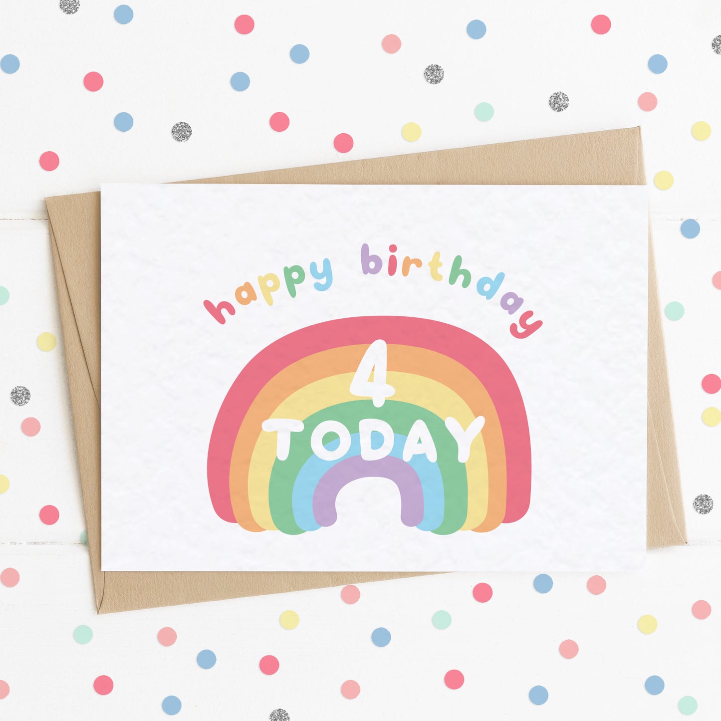 A cute milestone age birthday card with a smiling happy rainbow on it and the message "HAPPY BIRTHDAY - 4 TODAY".