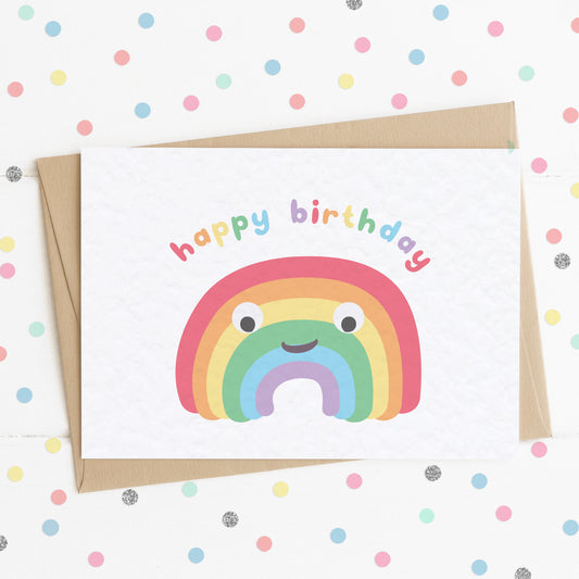 A cute birthday card with a smiling happy rainbow on it and the message "HAPPY BIRTHDAY".