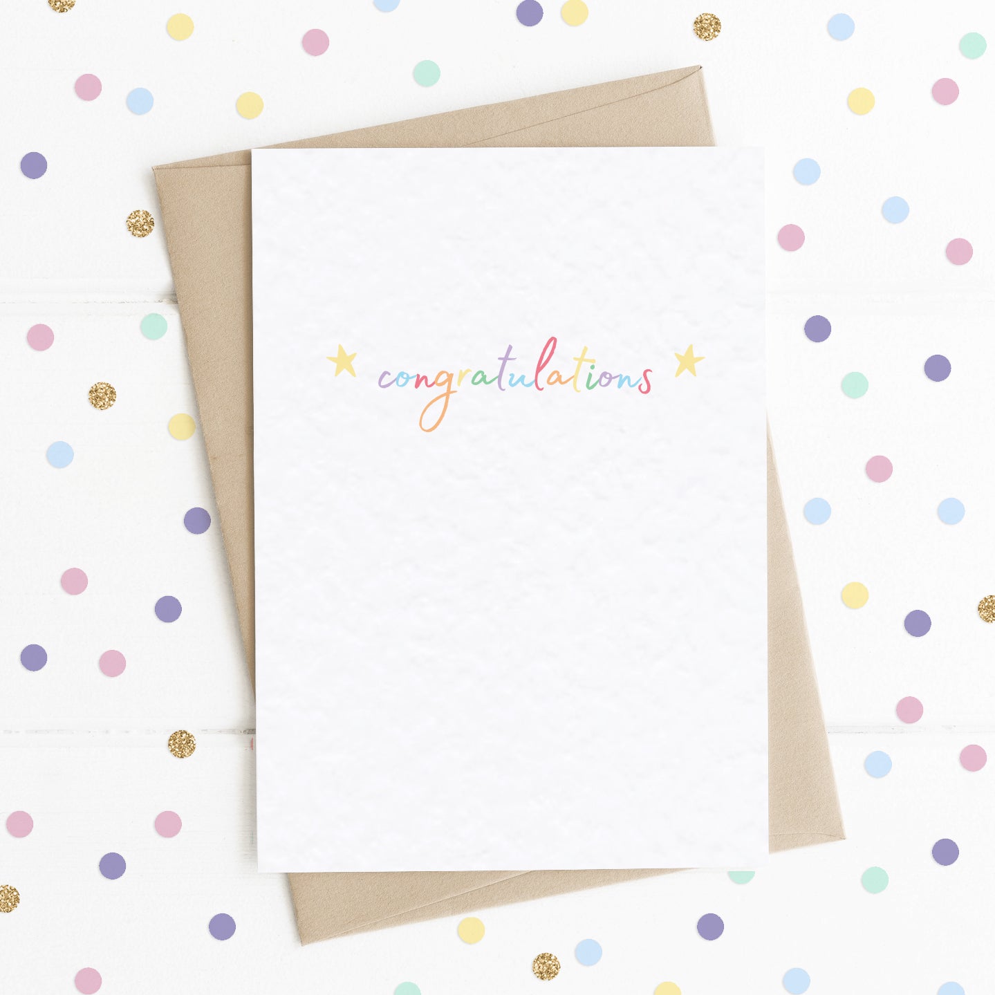 A cute A6 celebration card with the message "Congratulations" in colourful rainbow type, with two yellow stars either side.