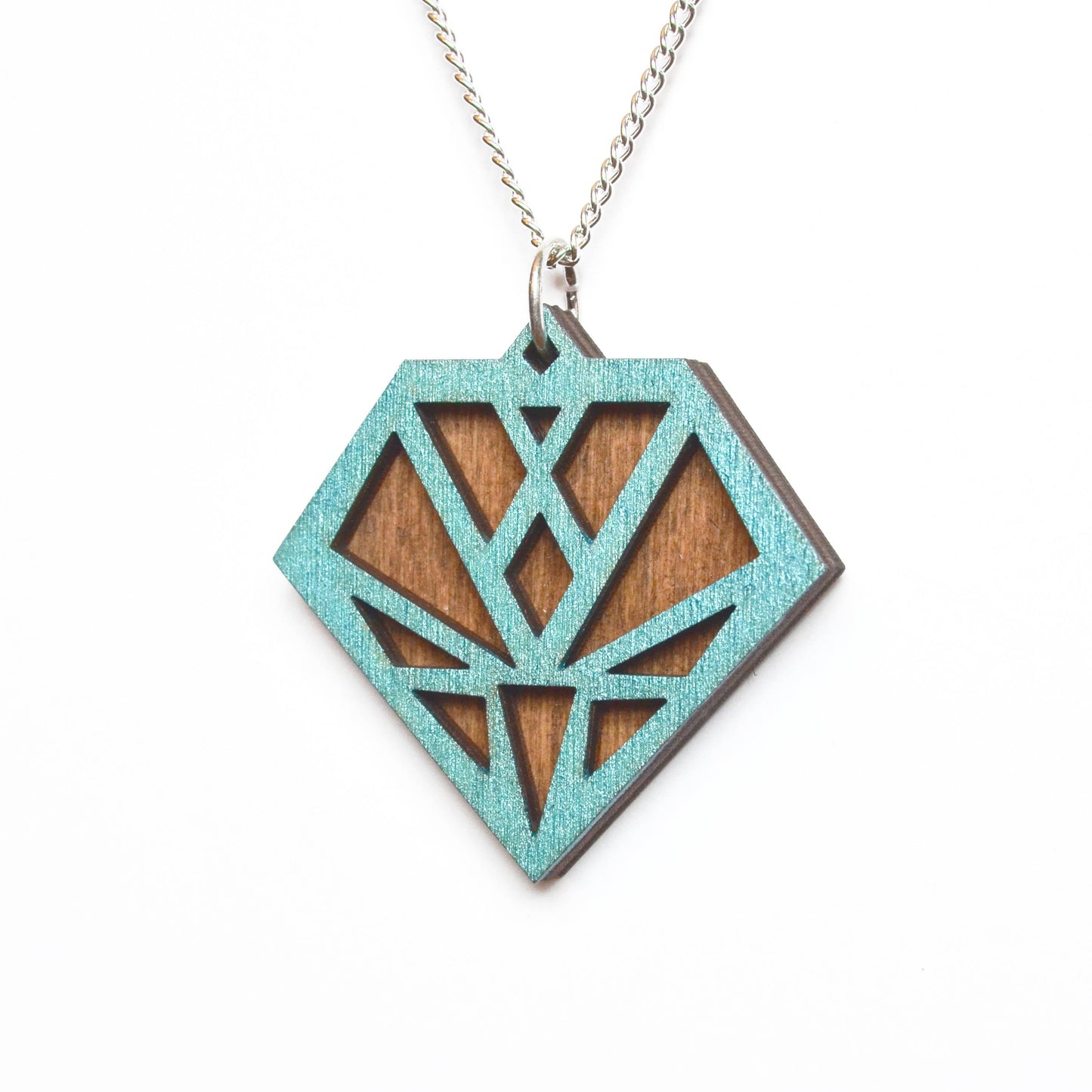 Hand Painted Wooden Diamond Art Deco Geometric Laser Cut Necklace - Medium Style Design 1
