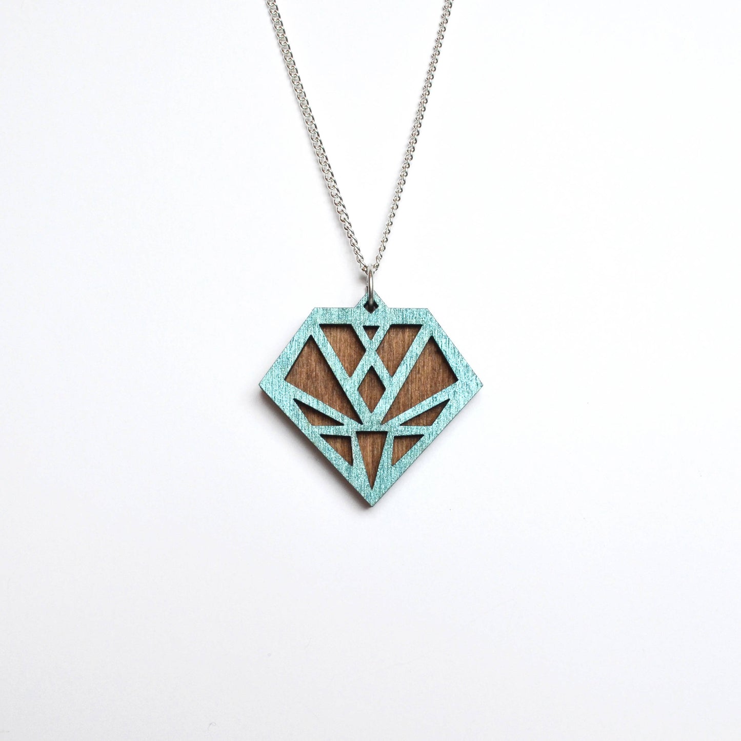 Hand Painted Wooden Diamond Art Deco Geometric Laser Cut Necklace - Medium Style Design 1