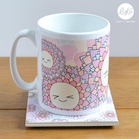 A cute and colourful happy floral ceramic mug/cup, with a happy smiling rainbow flower pattern design.  Dishwasher and microwave safe.