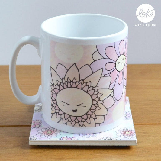 A cute and colourful happy floral ceramic mug/cup, with 4 happy smiling flowers design.  Dishwasher and microwave safe.