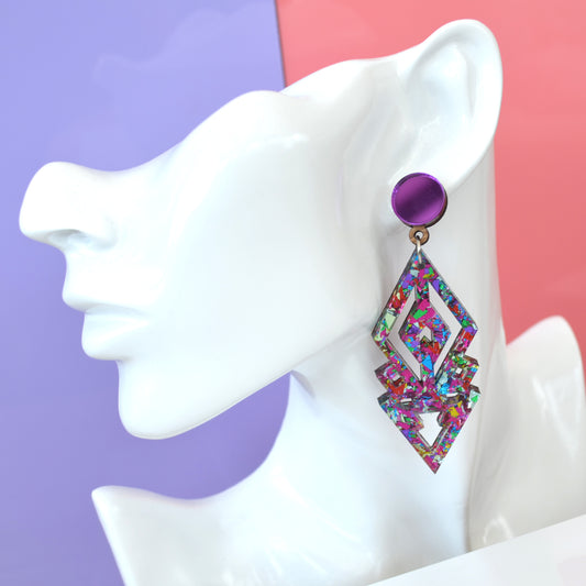 Art Deco Pink Rainbow Festival Confetti Acrylic Statement Earrings