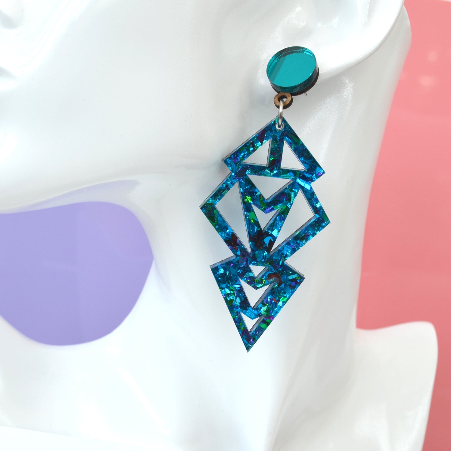 Art Deco Blue Rainbow Festival Confetti Acrylic Statement Earrings