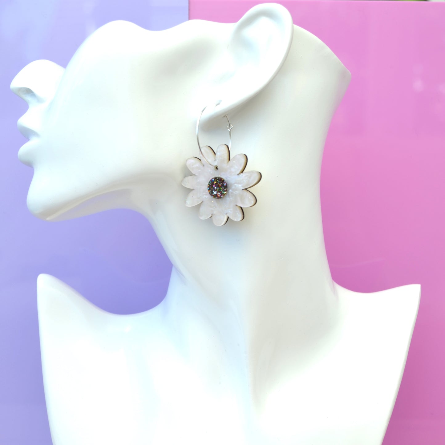 Daisy Dangle Glitter Acrylic Laser Cut Hoop Earrings