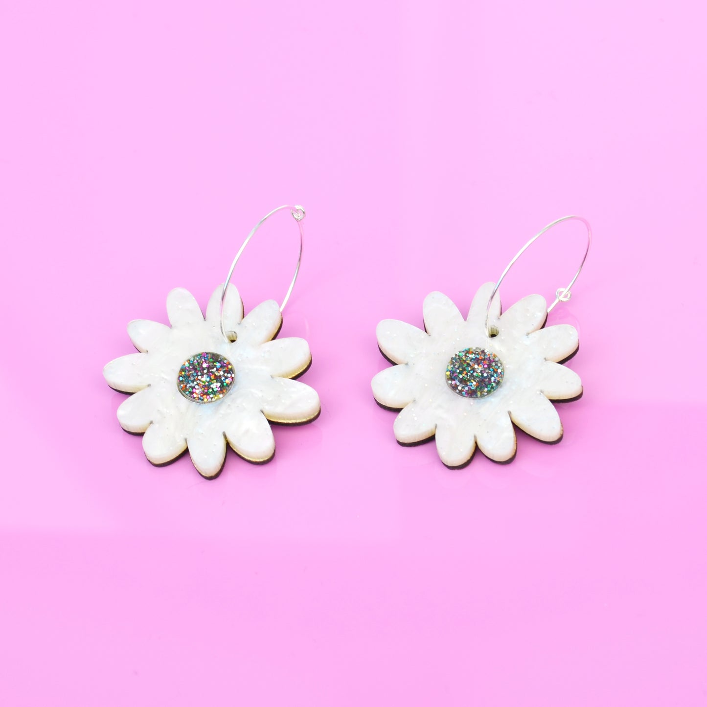 Daisy Dangle Glitter Acrylic Laser Cut Hoop Earrings