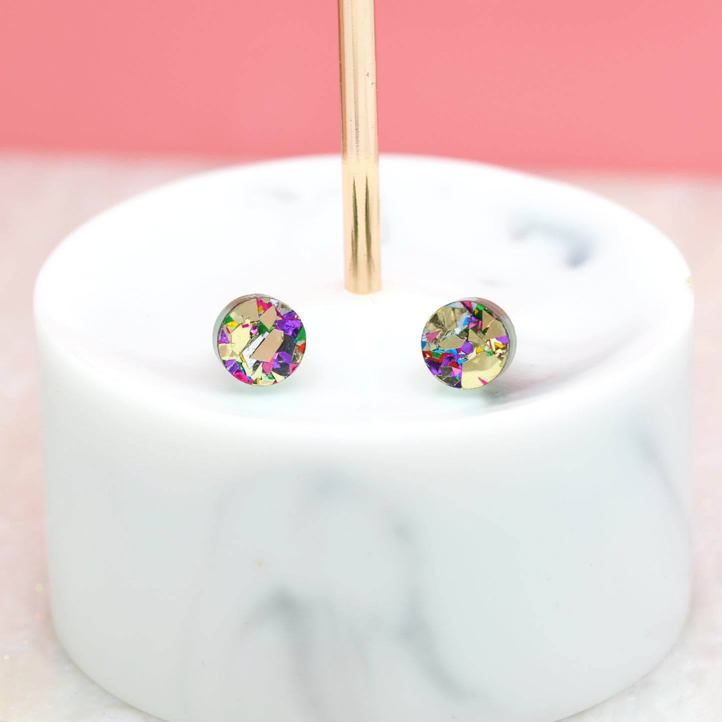 Gold Rainbow Festival Confetti Acrylic Round Stud Earrings