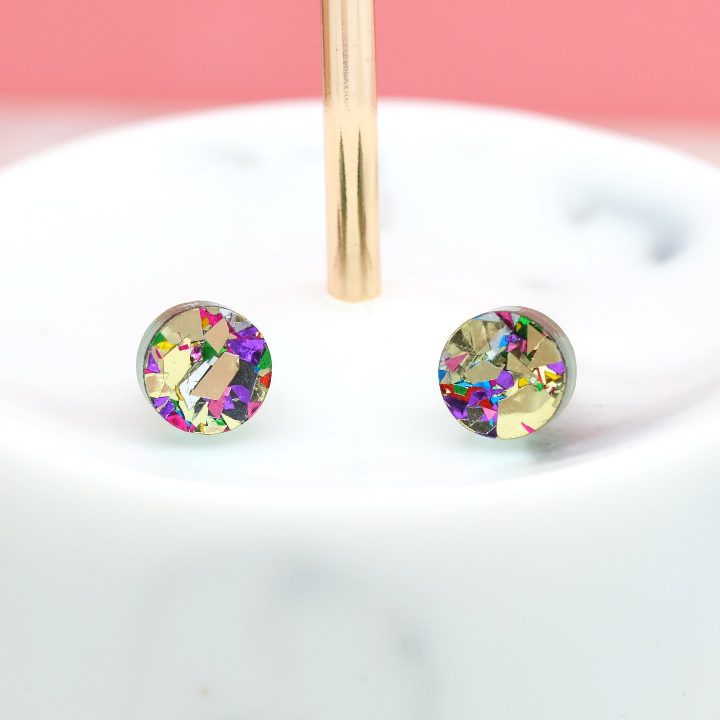 Gold Rainbow Festival Confetti Acrylic Round Stud Earrings