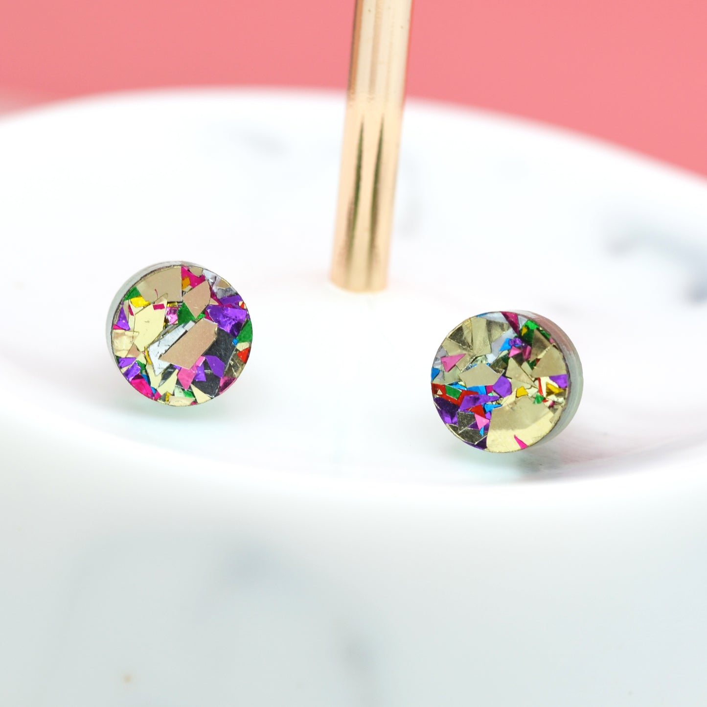 Gold Rainbow Festival Confetti Acrylic Round Stud Earrings