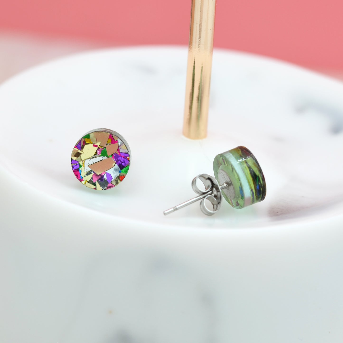 Gold Rainbow Festival Confetti Acrylic Round Stud Earrings