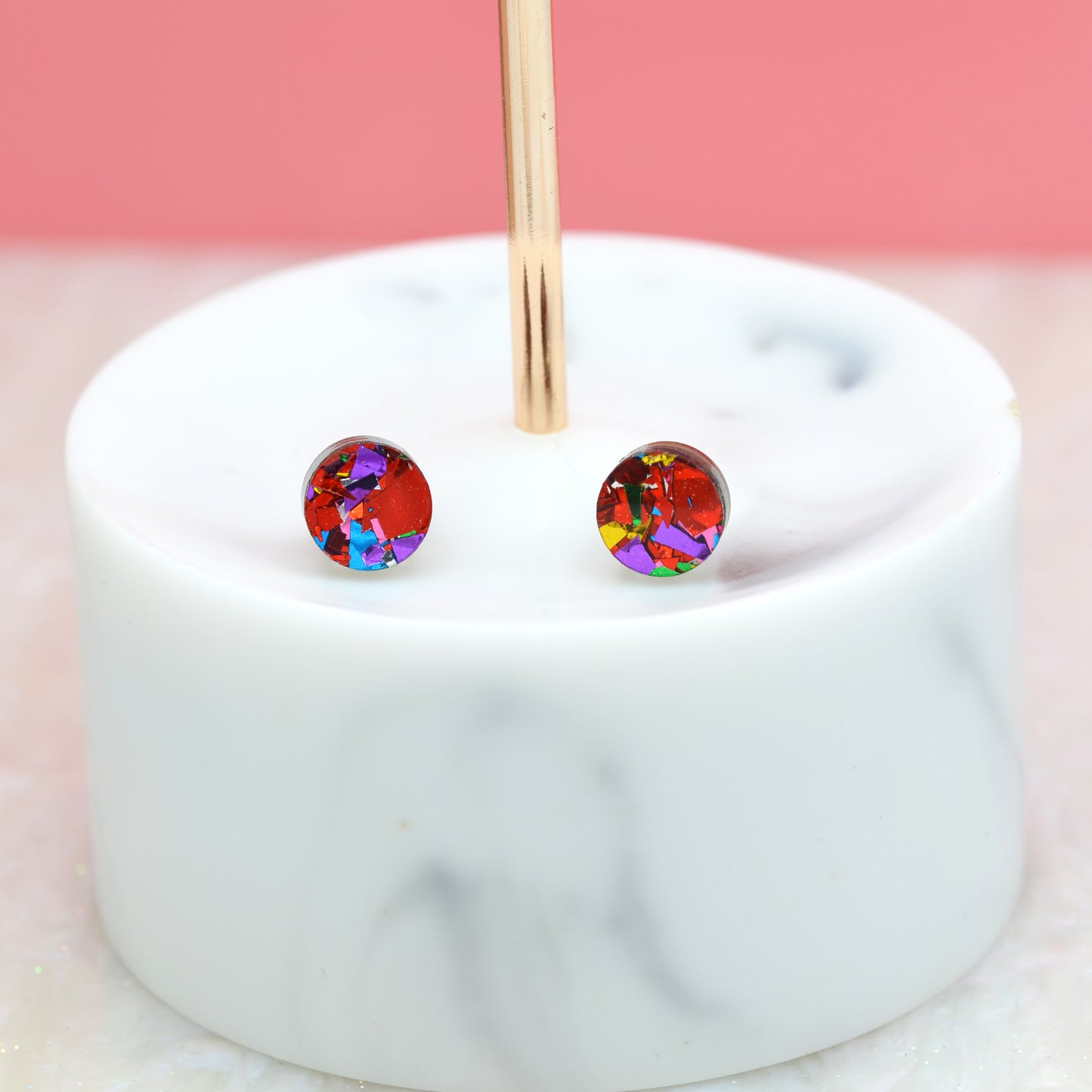 Red Rainbow Festival Confetti Acrylic Round Stud Earrings