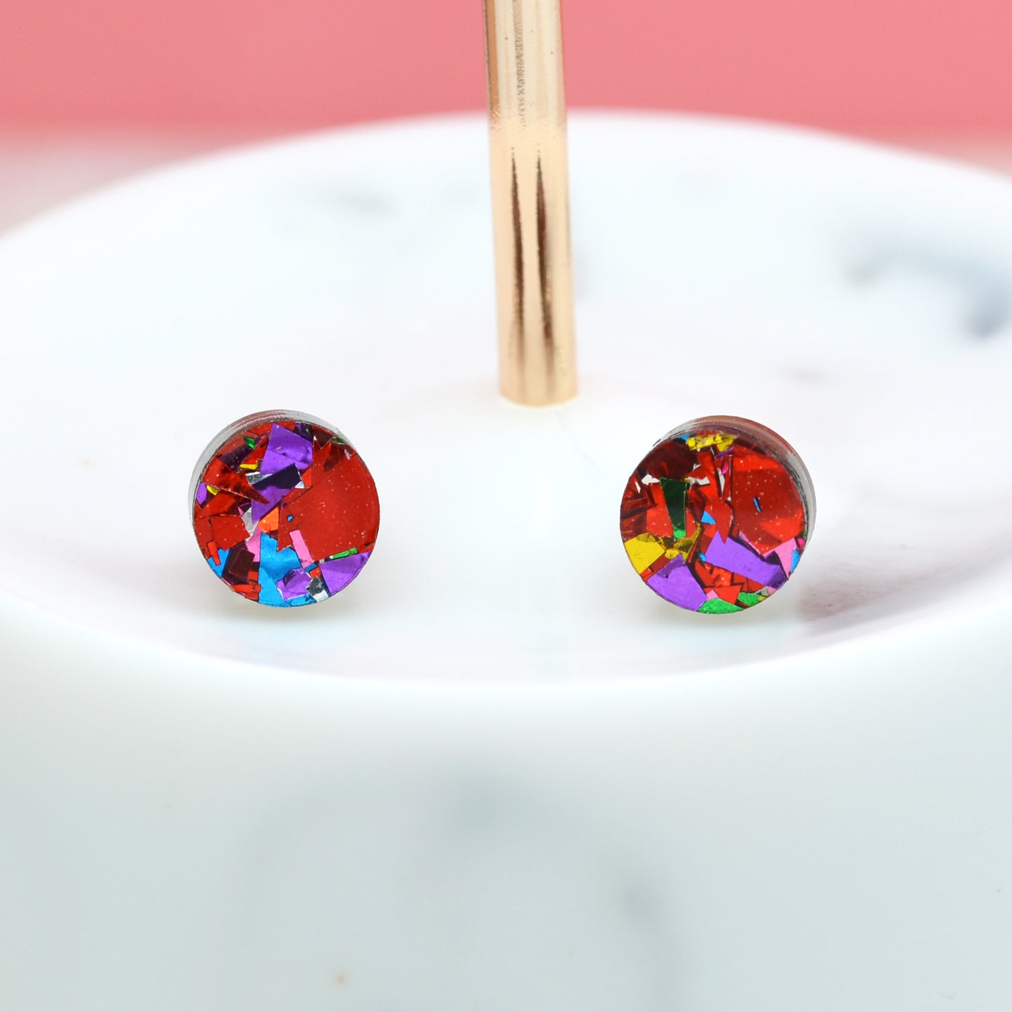 Red Rainbow Festival Confetti Acrylic Round Stud Earrings