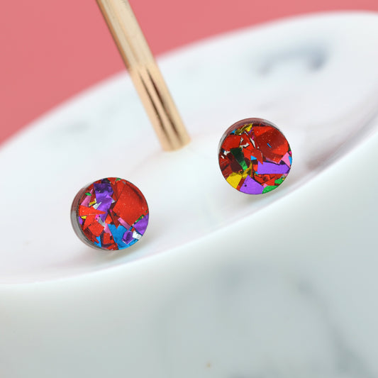 Red Rainbow Festival Confetti Acrylic Round Stud Earrings