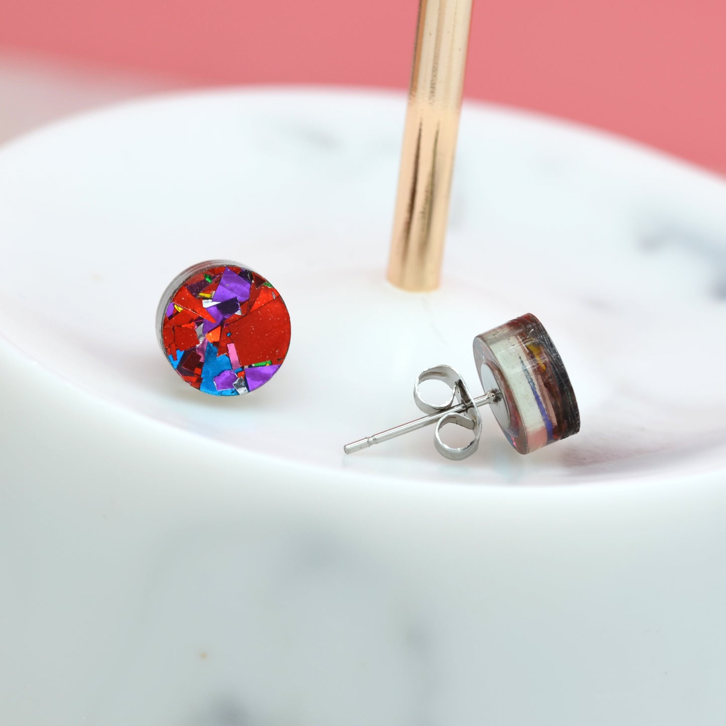 Red Rainbow Festival Confetti Acrylic Round Stud Earrings