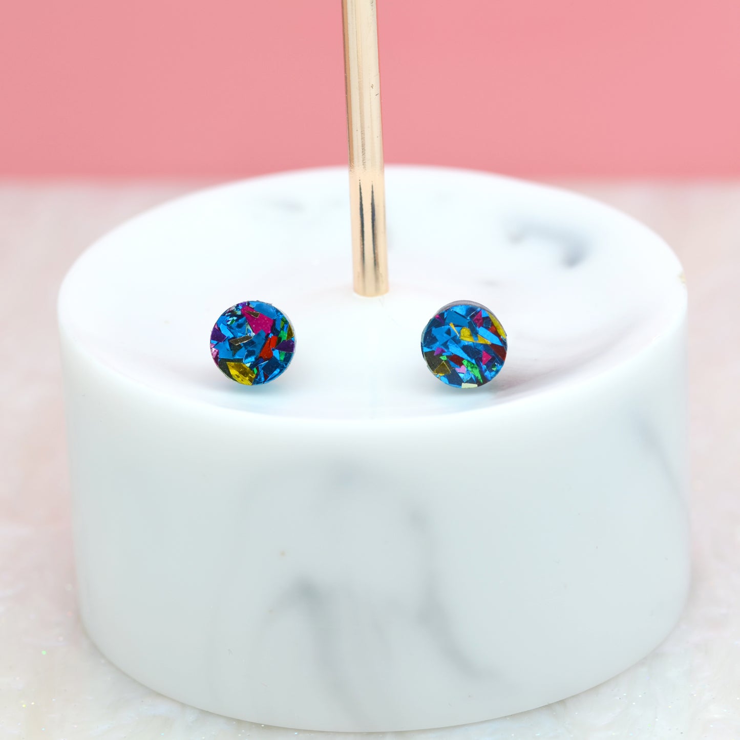 Blue Rainbow Festival Confetti Acrylic Round Stud Earrings