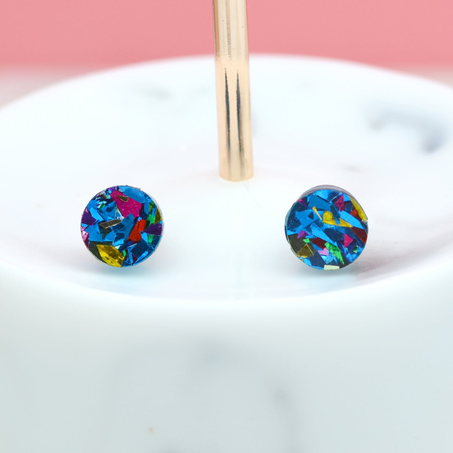 Blue Rainbow Festival Confetti Acrylic Round Stud Earrings