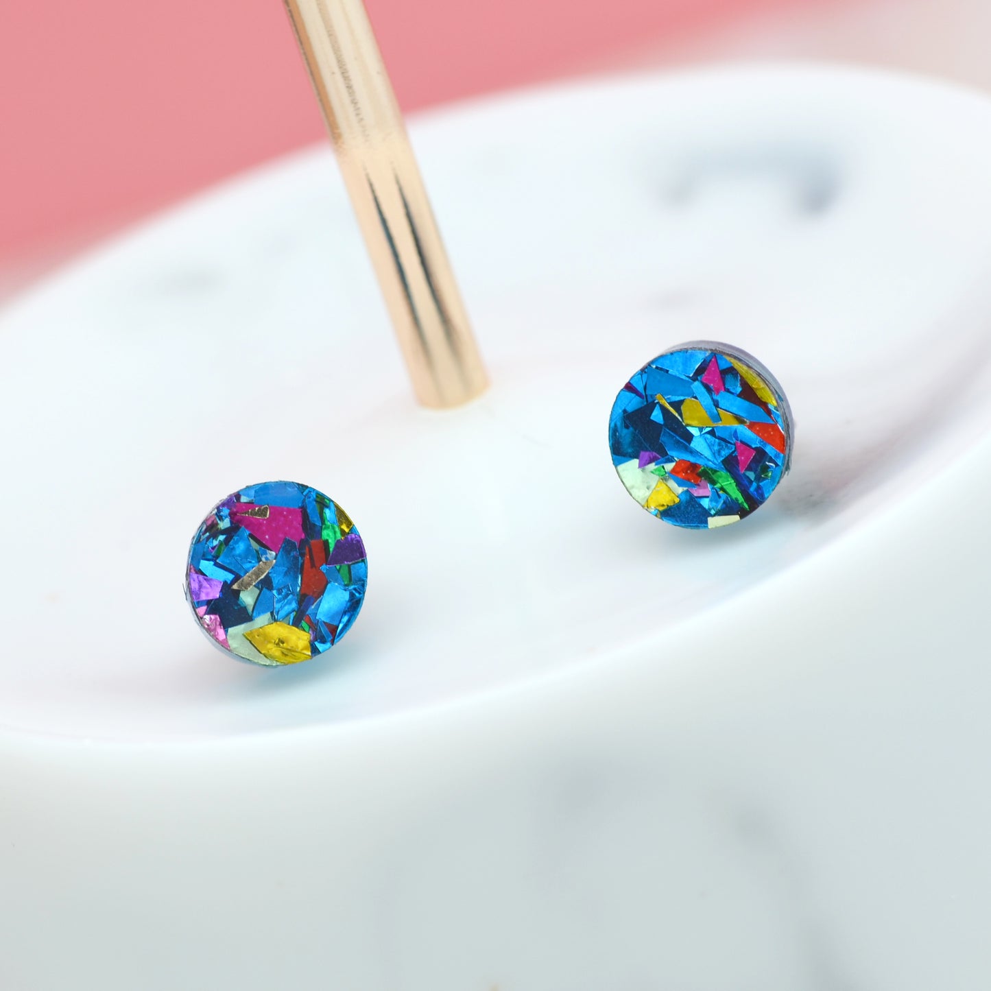 Blue Rainbow Festival Confetti Acrylic Round Stud Earrings