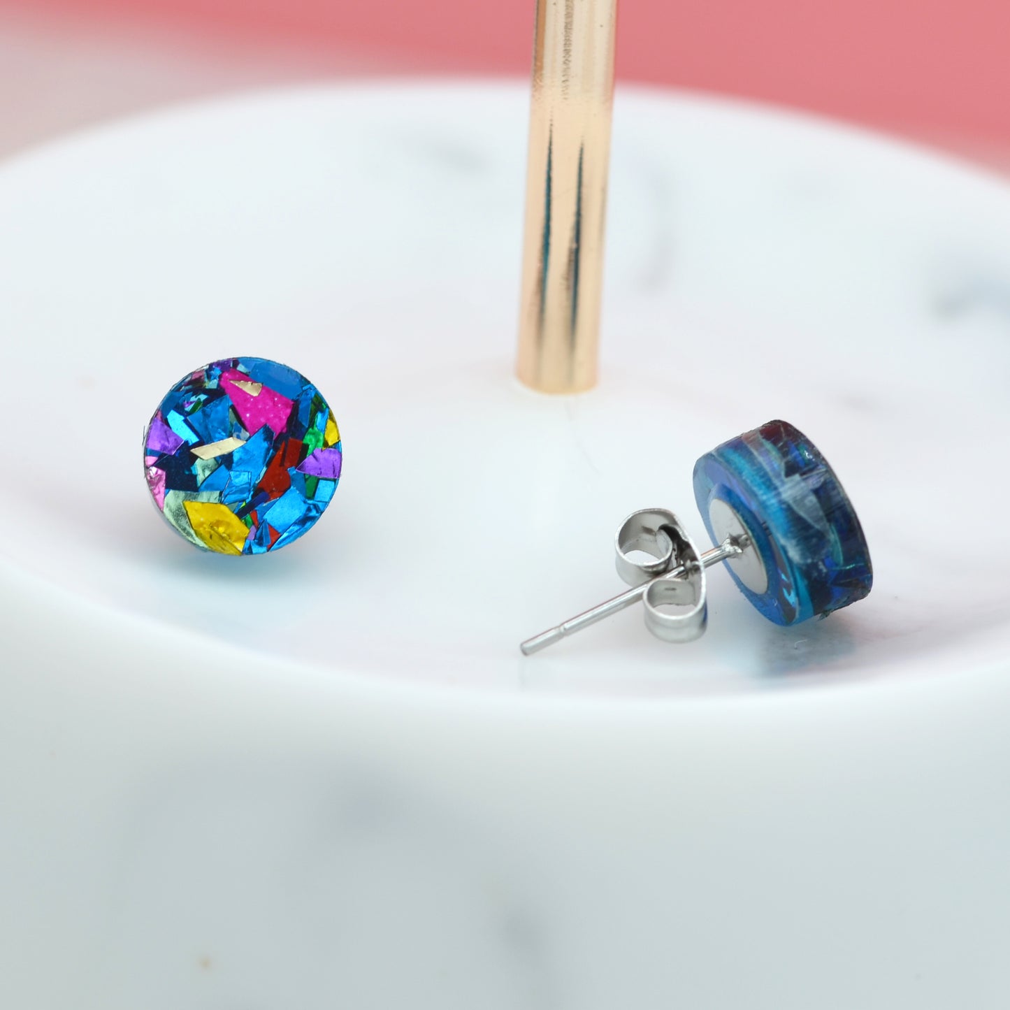Blue Rainbow Festival Confetti Acrylic Round Stud Earrings