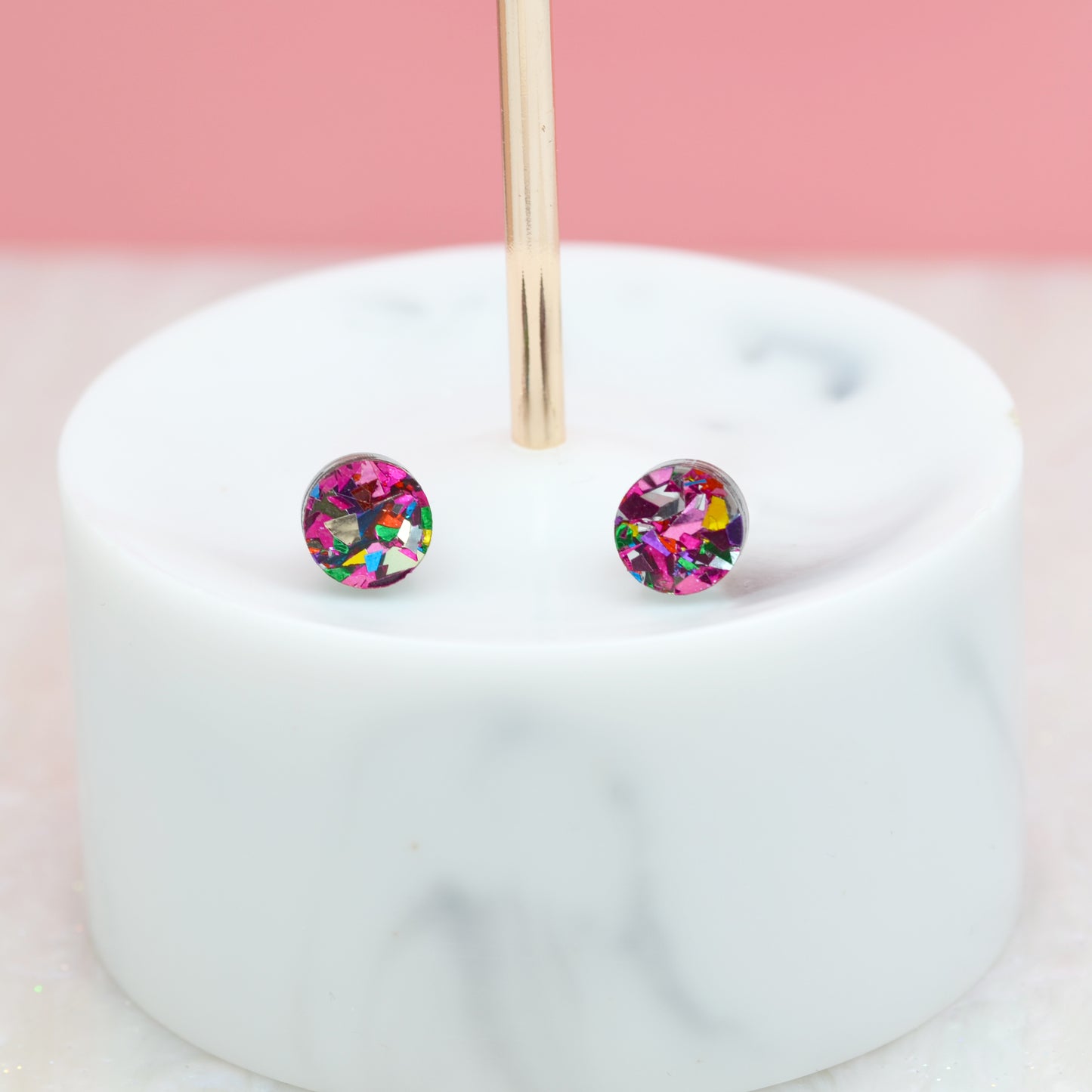 Pink Rainbow Festival Confetti Acrylic Round Stud Earrings