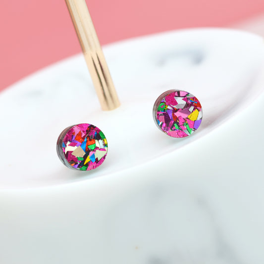 Pink Rainbow Festival Confetti Acrylic Round Stud Earrings