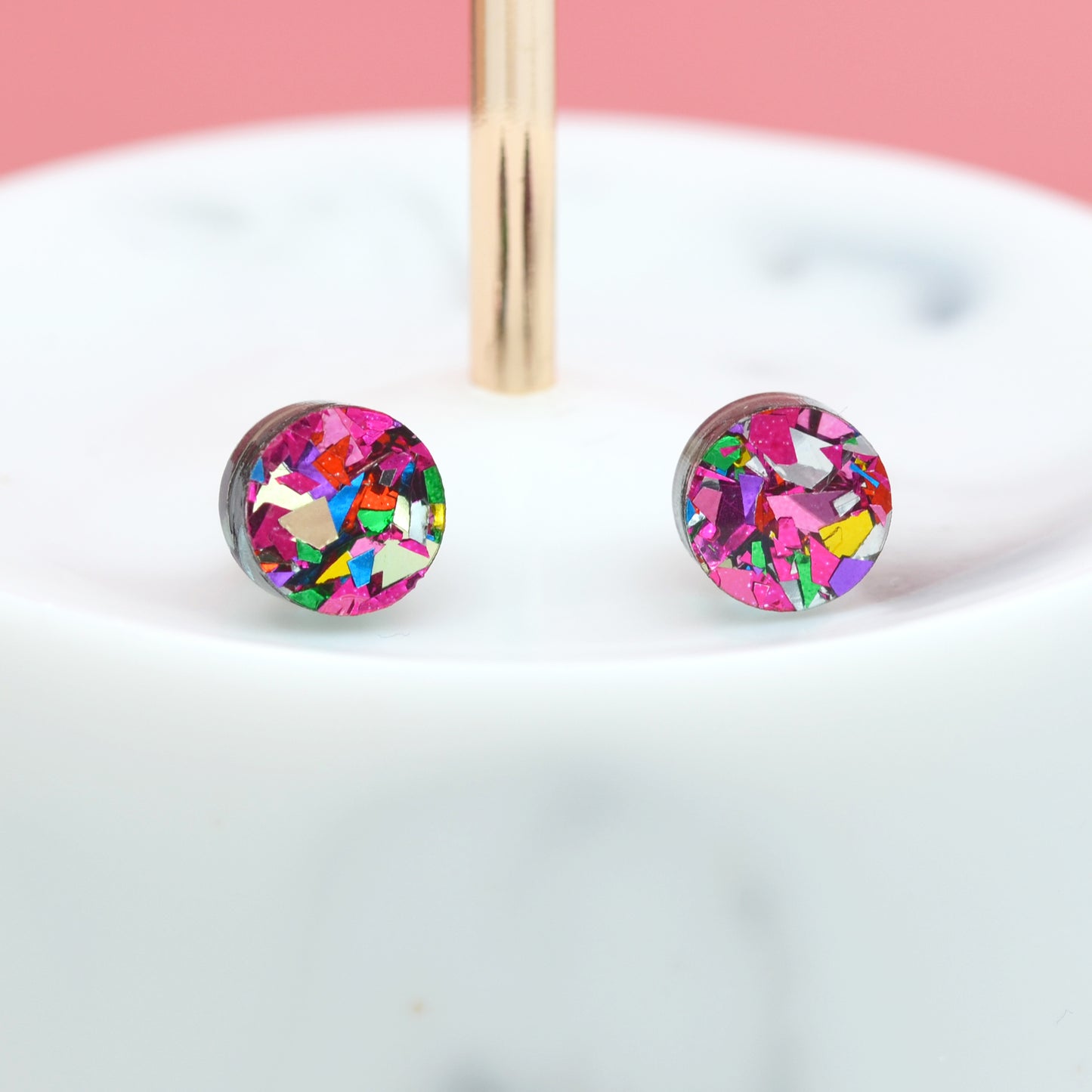 Pink Rainbow Festival Confetti Acrylic Round Stud Earrings