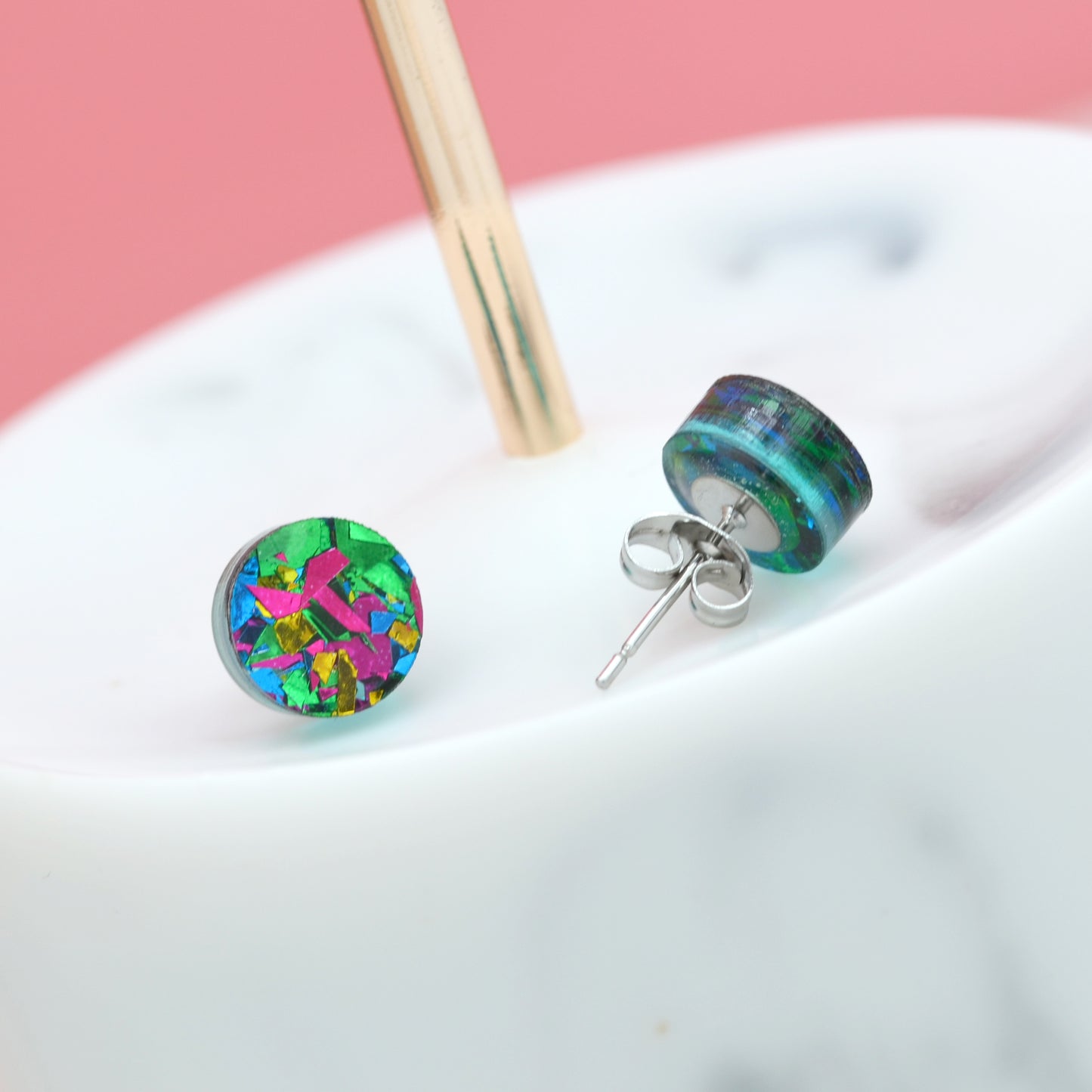 Green Rainbow Festival Confetti Acrylic Round Stud Earrings