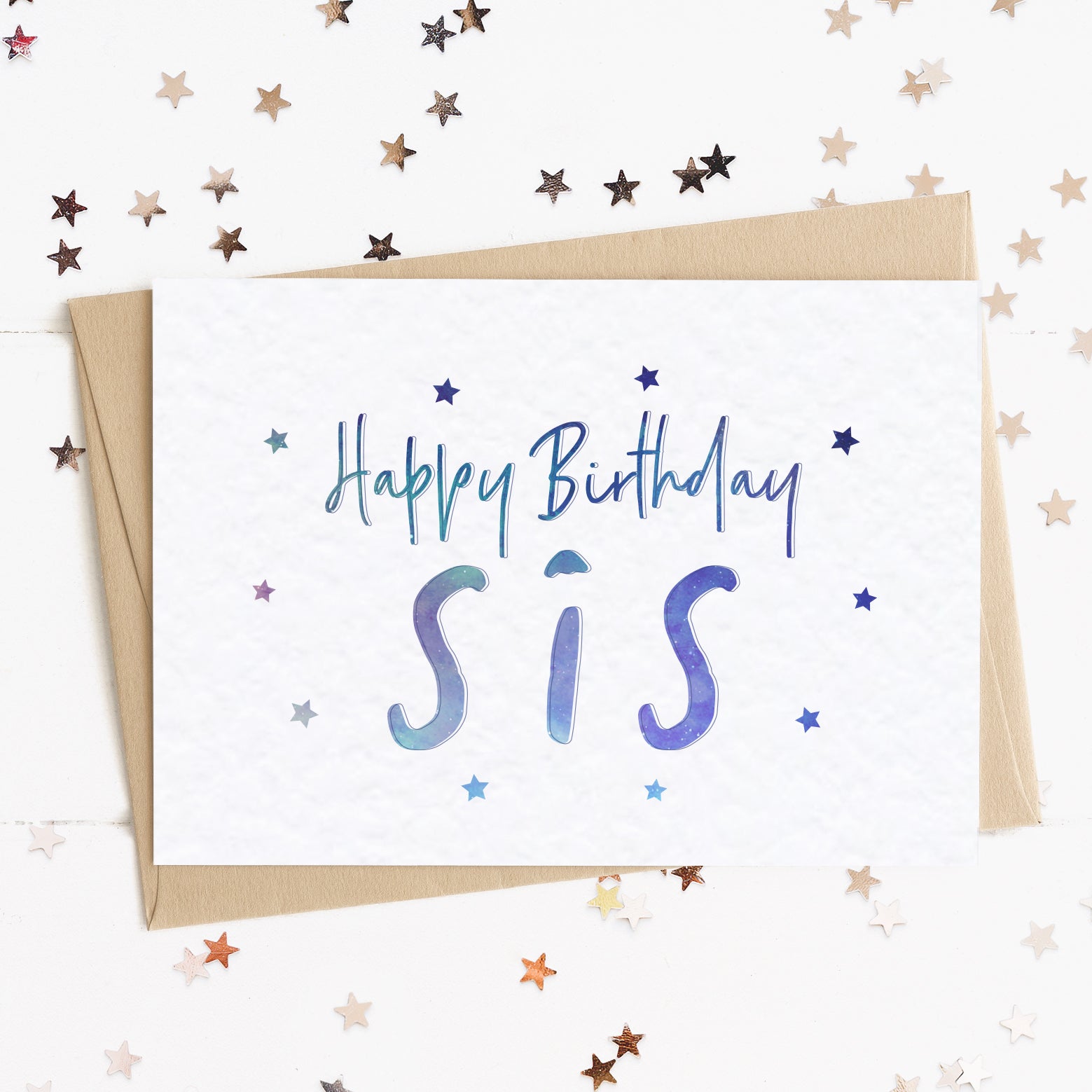 A sister birthday card with a stars and text in colours inspired by the northern lights/universe and the message, "Happy Birthday Sis".