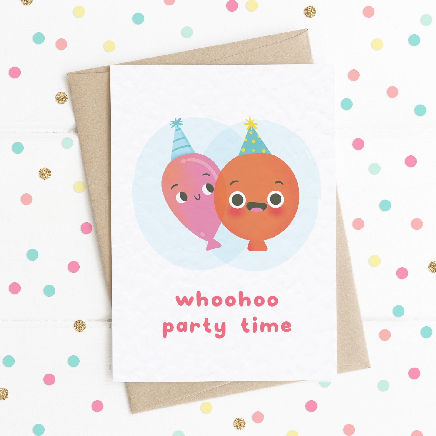 A fun birthday card with two smiling happy balloons with party hats on and the message "Whoohoo Party Time".