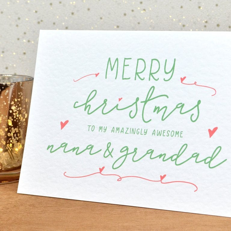 A fun and thoughtful Christmas card in festive colours and the message "Merry Christmas To My Amazingly Awesome Nana & Grandad".