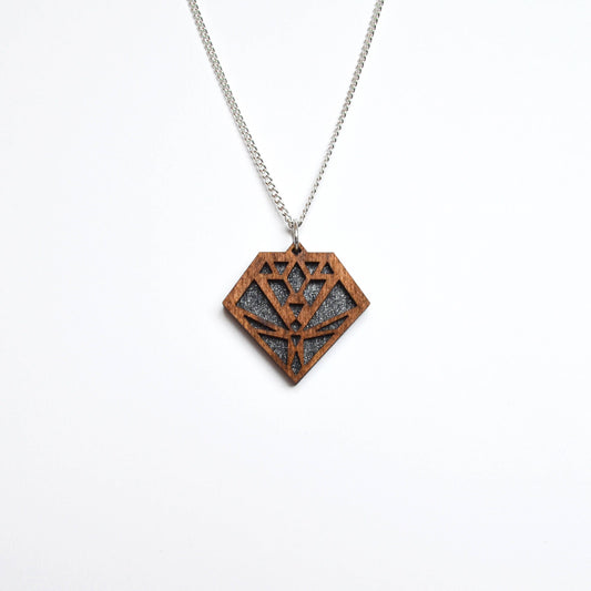 Hand Painted Wooden Art Deco Geometric Laser Cut Necklace - Small Style Design 4