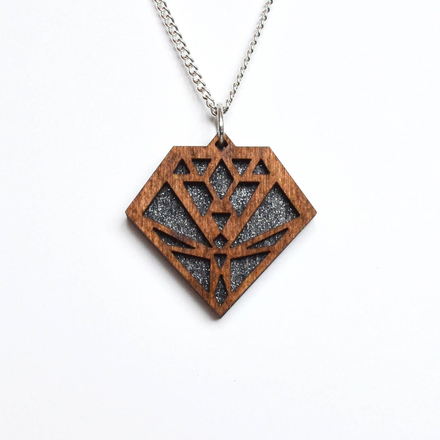 Hand Painted Wooden Art Deco Geometric Laser Cut Necklace - Small Style Design 4