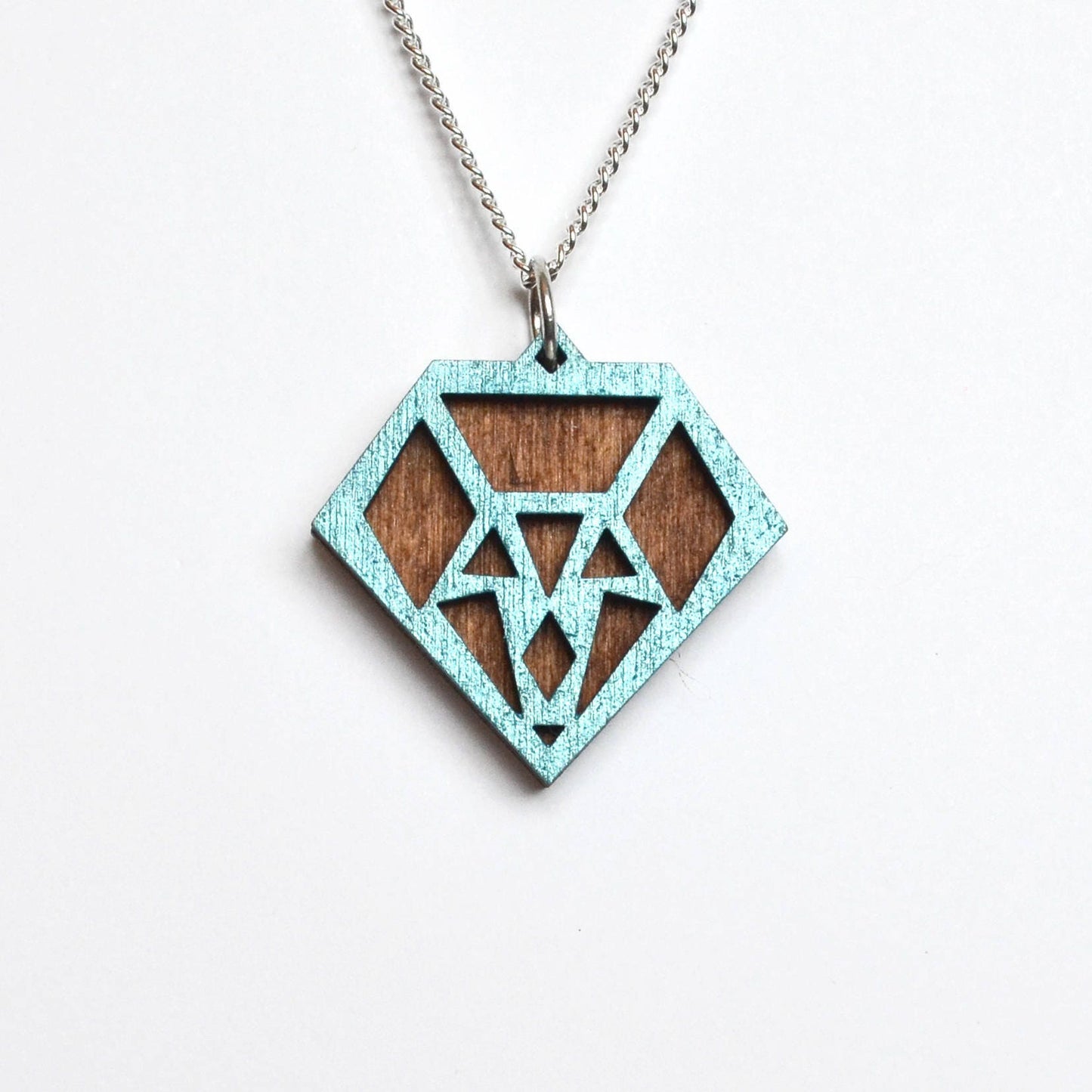 Hand Painted Wooden Diamond Art Deco Geometric Laser Cut Necklace - Small Style Design 2