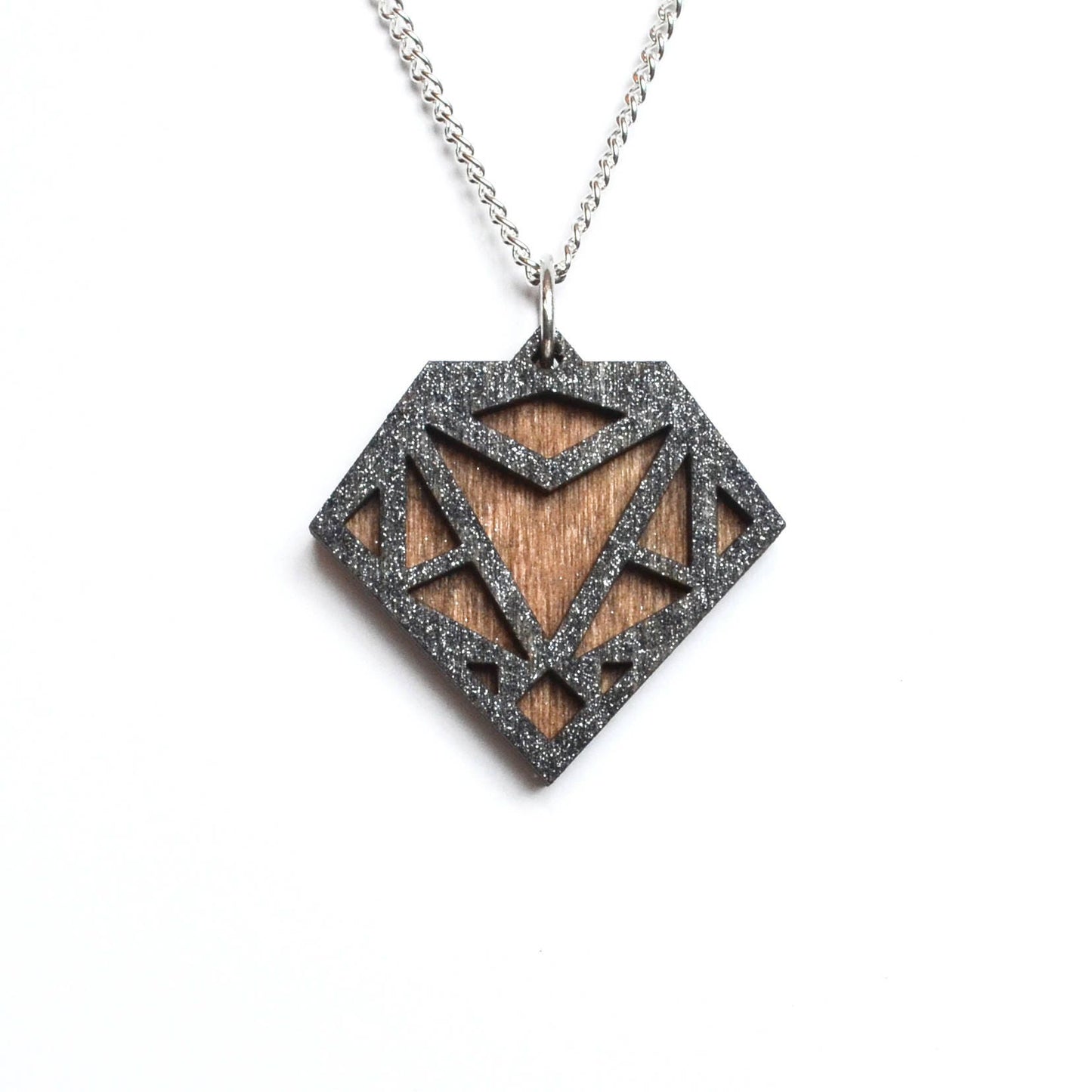 Hand Painted Wooden Diamond Art Deco Geometric Laser Cut Necklace - Small Style Design 1