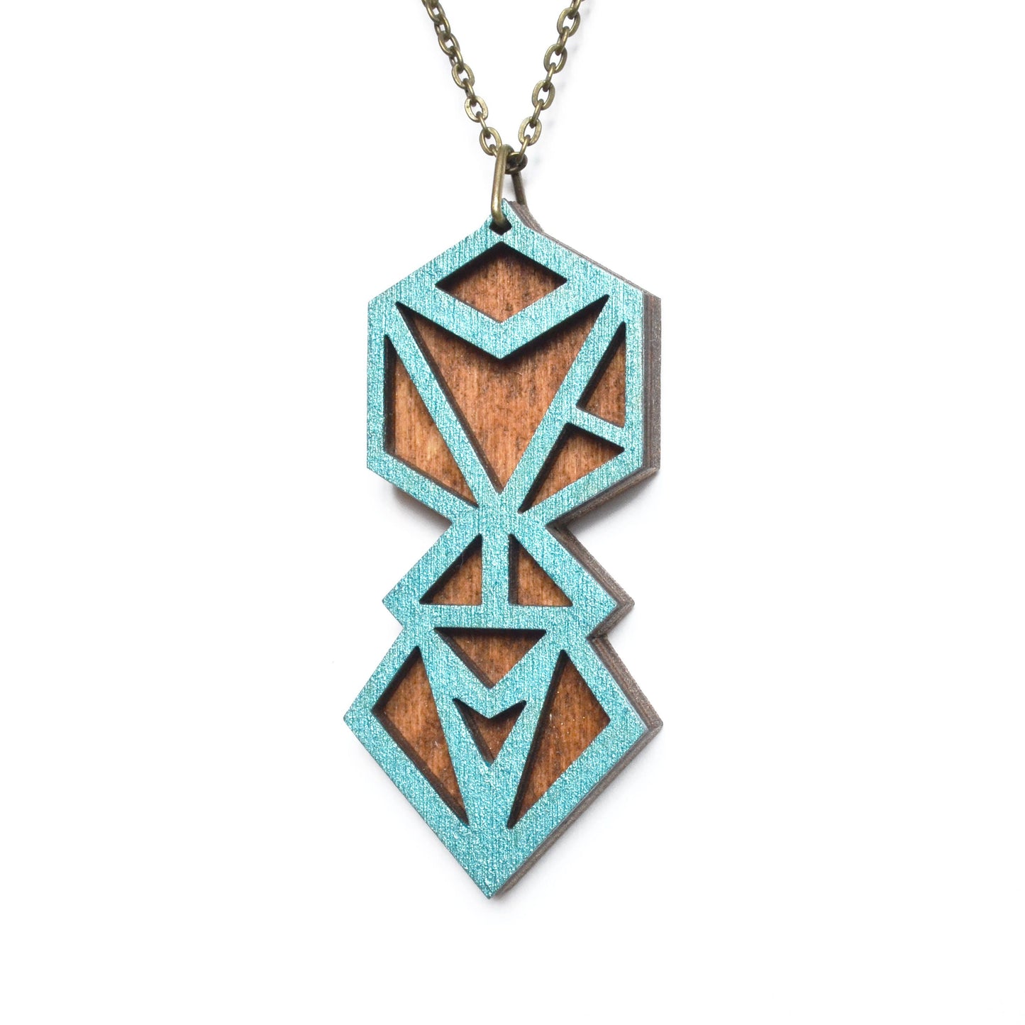 Hand Painted Wooden Art Deco Geometric Laser Cut Necklace - Large Style Design 2