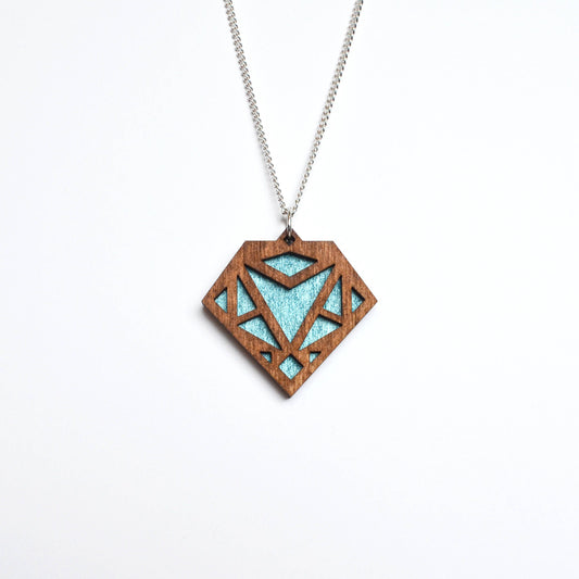 Hand Painted Wooden Art Deco Geometric Diamond Laser Cut Necklace - Medium Style Design 2